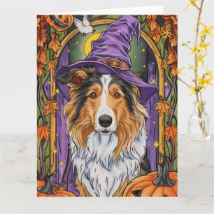 Carte Éffrayant Rough Collie Chien Halloween Citrouille 