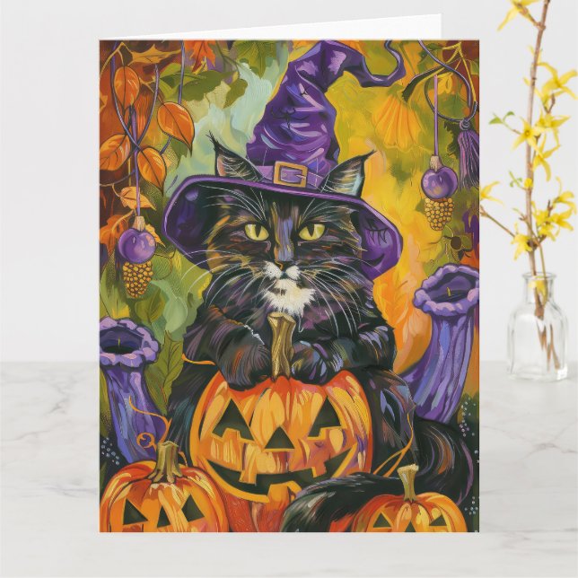Carte Éffrayant Tuxedo Chat Halloween Sorcière Et Citrou (Fleur jaune)