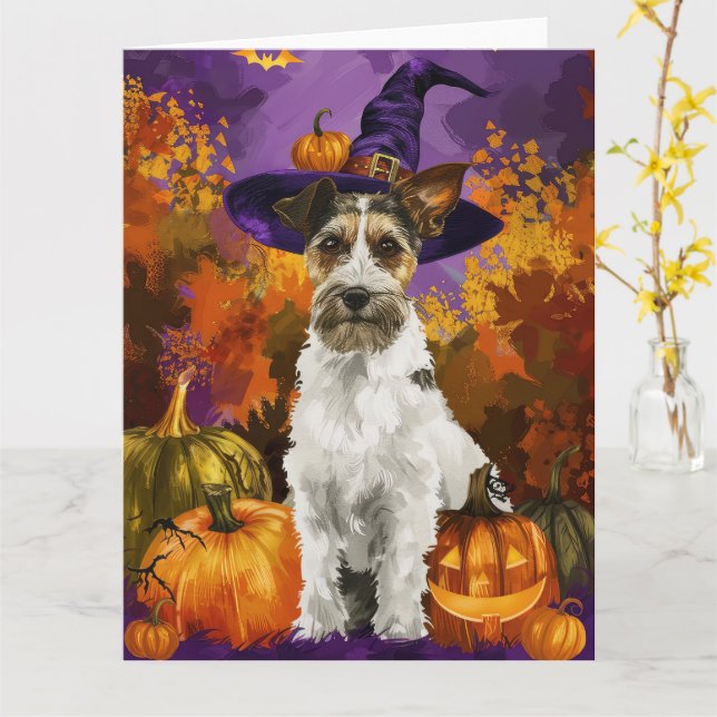 Carte Éffrayant Wirefox Terrier Chien Halloween Citrouil (Fleur jaune)