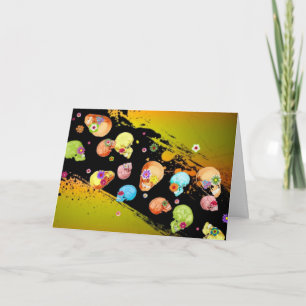 Carte éffrayante de Halloween, crânes, fleurs -