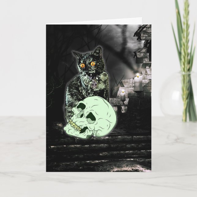 Carte éffrayante de Halloween de chat de zombi (Devant)