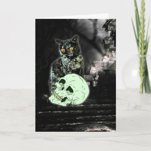 Carte éffrayante de Halloween de chat de zombi