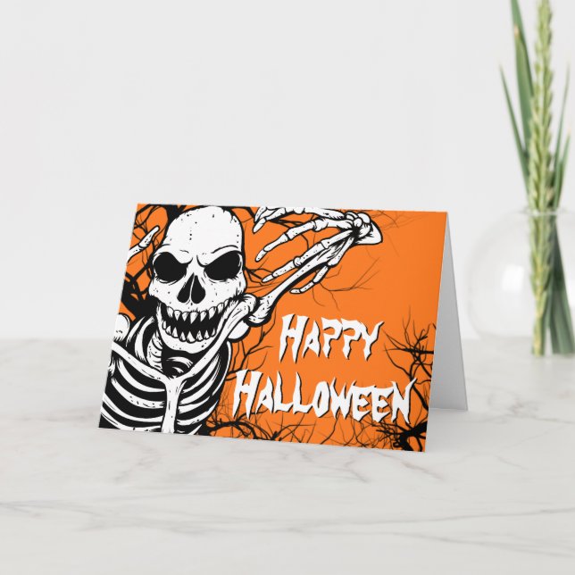 Carte Éffrayante Halloween squelette Orange effroi (Devant)
