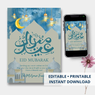 Carte Eid Mubarak Ciel Bleu Clair et Croissant d'O