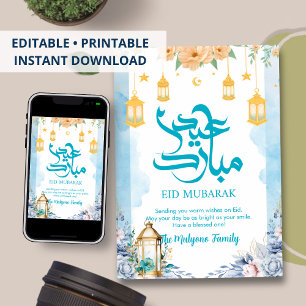 Carte Eid Mubarak Fleurs Aquarelle Bleue Sérène