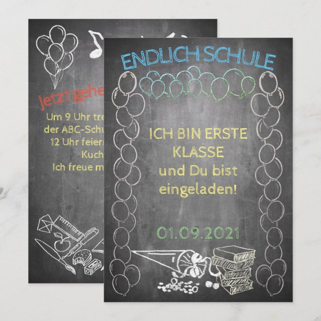 Carte Einladungskarte zur Einschulung im Tafelstil (Devant / Derrière)