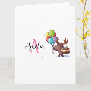 Carte Élan avec ballon et gâteau Monogramme rose Nom