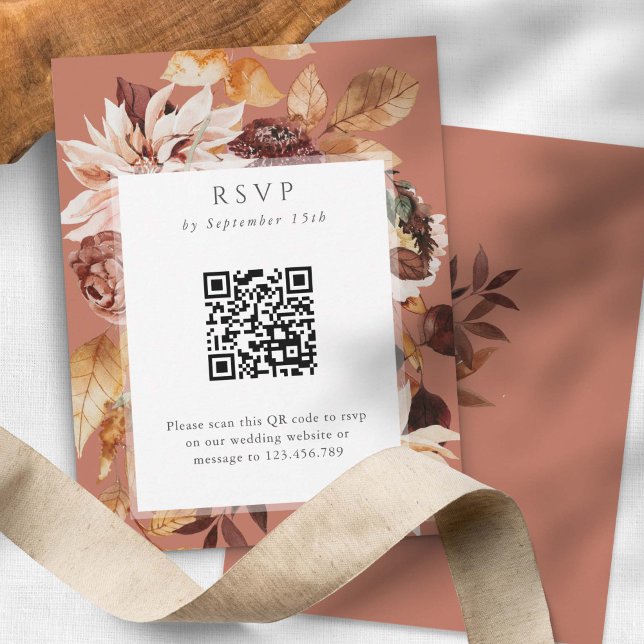 Carte Élégance d'automne en terre cuite, code QR Mariage (Modern Autumn Elegance, QR code fall wedding rsvp cards in terracotta.)