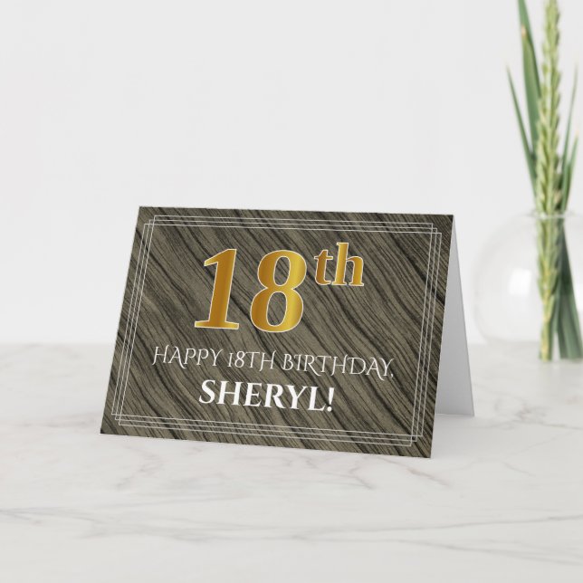 Carte Elégant 18ème anniversaire : Faux Wood, Faux Gold  (Devant)