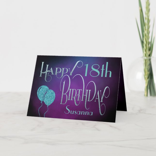 Carte Elégant 18ème Nom Purple Turquoise Joyeux Annivers (Devant)