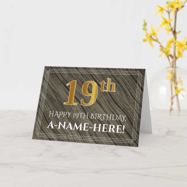 Carte Elégant 19ème anniversaire : Faux Wood, Faux Gold  (Fleur jaune)