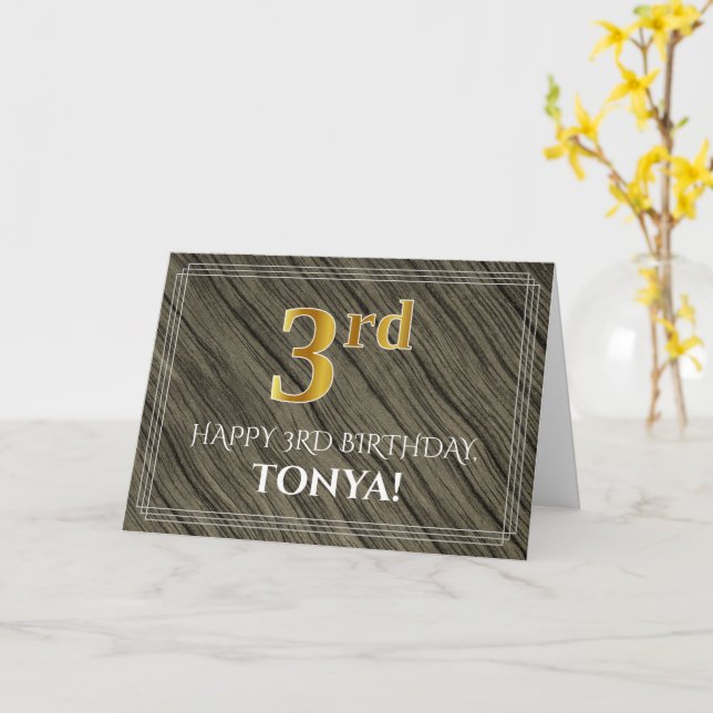 Carte Elégant 3ème anniversaire : Faux Wood, Faux Gold L (Fleur jaune)