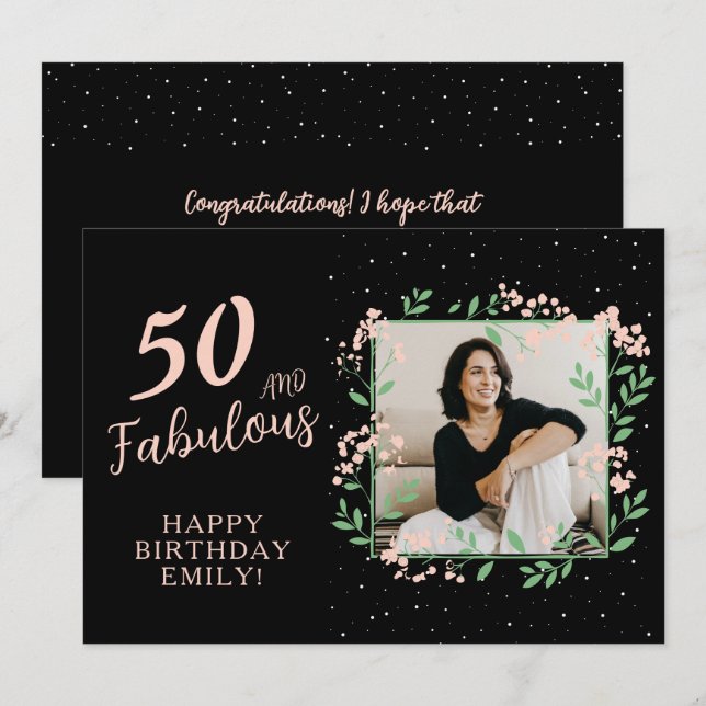 Carte Elégant 50 et Fabulous Flower 50th Birthday Photo (Devant / Derrière)