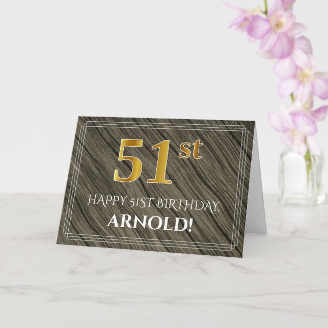 Carte Elégant 51e anniversaire : Faux Wood, Faux Gold Lo (Orchidée)