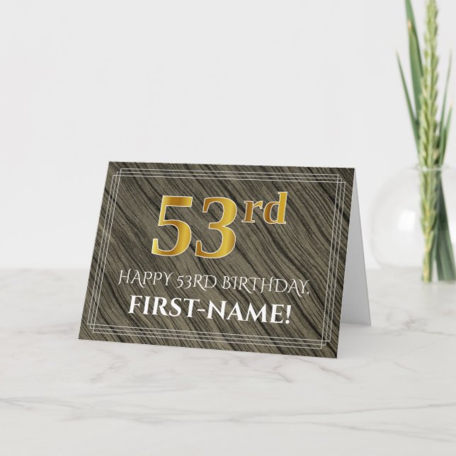Carte Elégant 53ème anniversaire : Faux Wood, Faux Gold  (Devant)