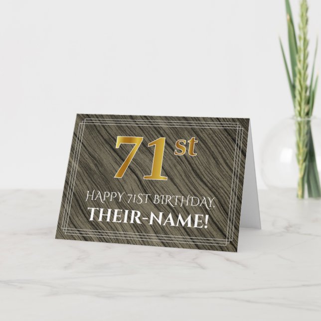 Carte Elégant 71e anniversaire : Faux Wood, Faux Gold Lo (Devant)