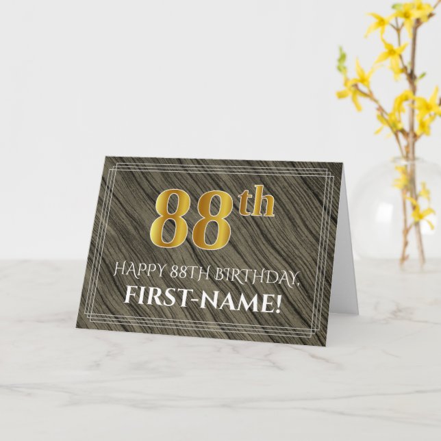 Carte Elégant 88ème anniversaire : Faux Wood, Faux Gold  (Fleur jaune)