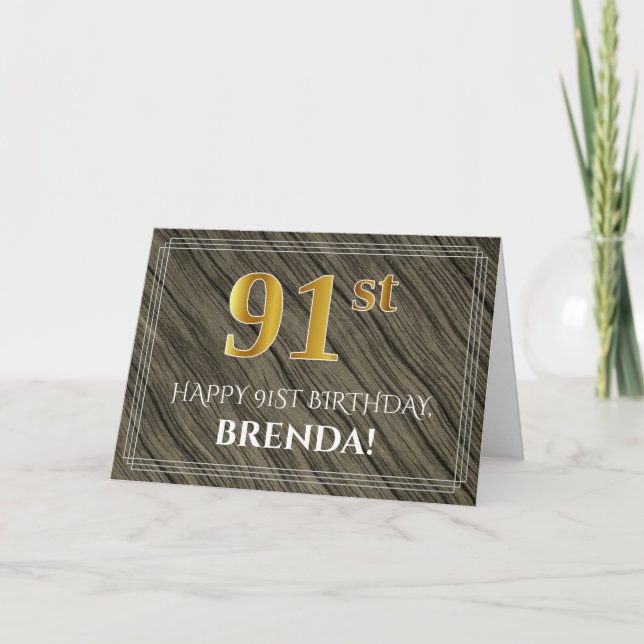 Carte Elégant 91ème anniversaire : Faux Wood, Faux Gold  (Devant)