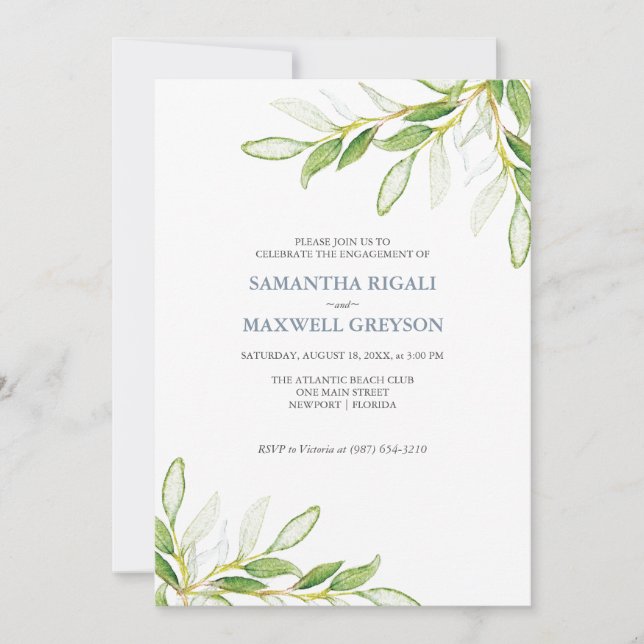 Carte Elégant Aquarelle Green Engagement Party (Devant)