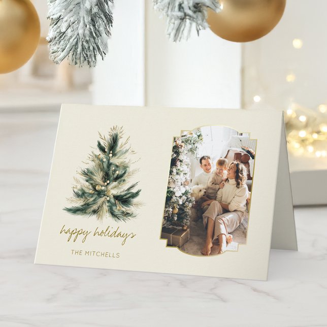 Carte Élégant arbre de Noël moderne vert et or photo (Créateur téléchargé)