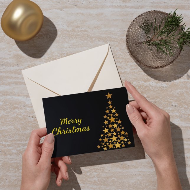 Carte Elégant Arbre d'or Joyeux Noël sur Noir (Créateur téléchargé)