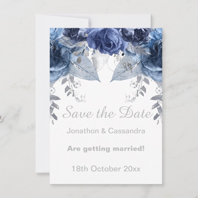 CARTE ÉLÉGANT ARGENT BLEU FLORAL SAUVER LA DATE (Devant)