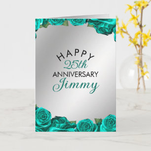 Carte Élégant Argent Turquoise Roses Mari 25e anniversai