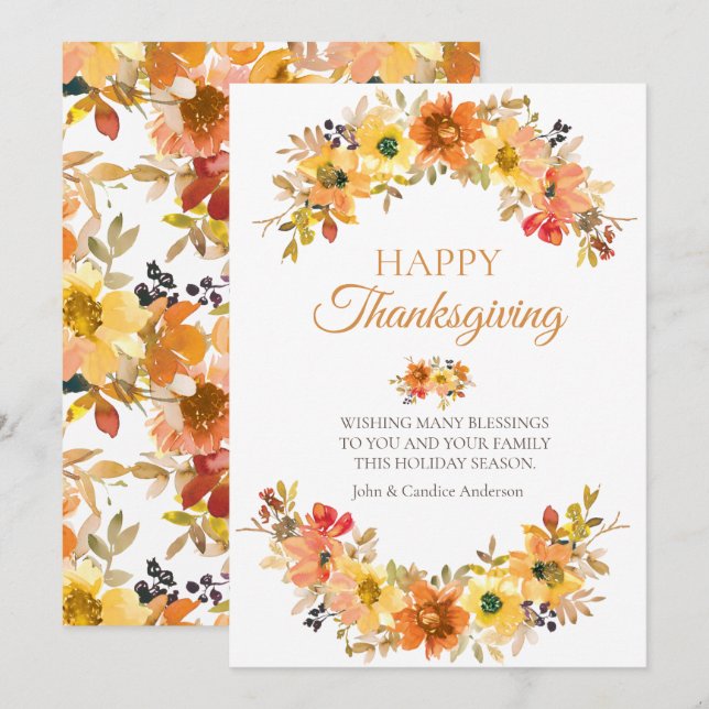 Carte Élégant automne laisse Floral Thanksgiving Salutat (Devant / Derrière)