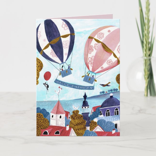 Carte Elégant ballon à air chaud bleu et rouge Joyeux an (Devant)