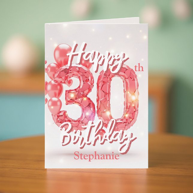 Carte Élégant Ballons rose et Gem étincelant 30e anniver (Créateur téléchargé)