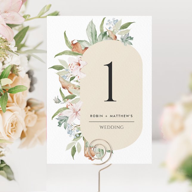 Carte Elégant Beige, Mariage de fleurs terrestres Numéro (Créateur téléchargé)