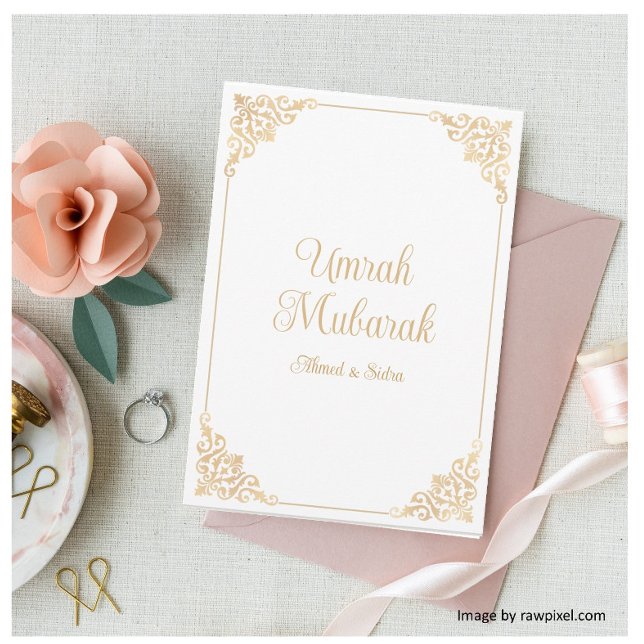 Carte Elégant blanc baroque Umrah Moubarak Salutation (Créateur téléchargé)