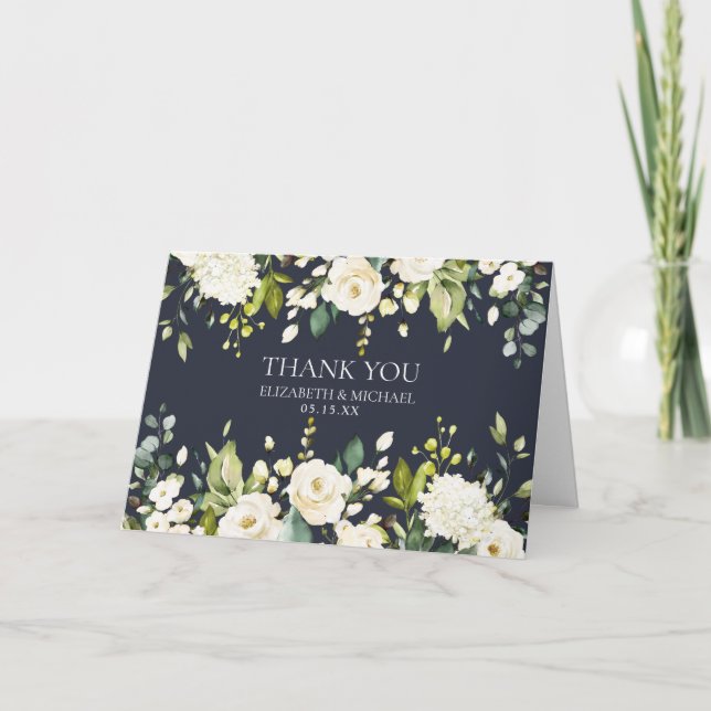 Carte Élégant bleu&blanc Merci photo floral Mariage (Devant)