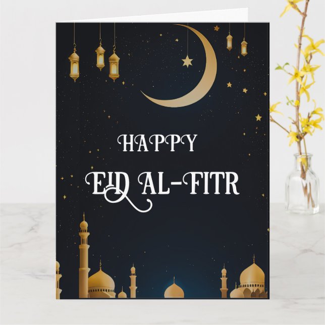 Carte Elégant bleu et or Aïd Al-Fitr Crescent Lune (Fleur jaune)