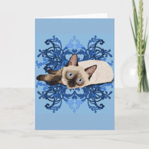 Carte Elégant bleu floral chat siamois jolie féline