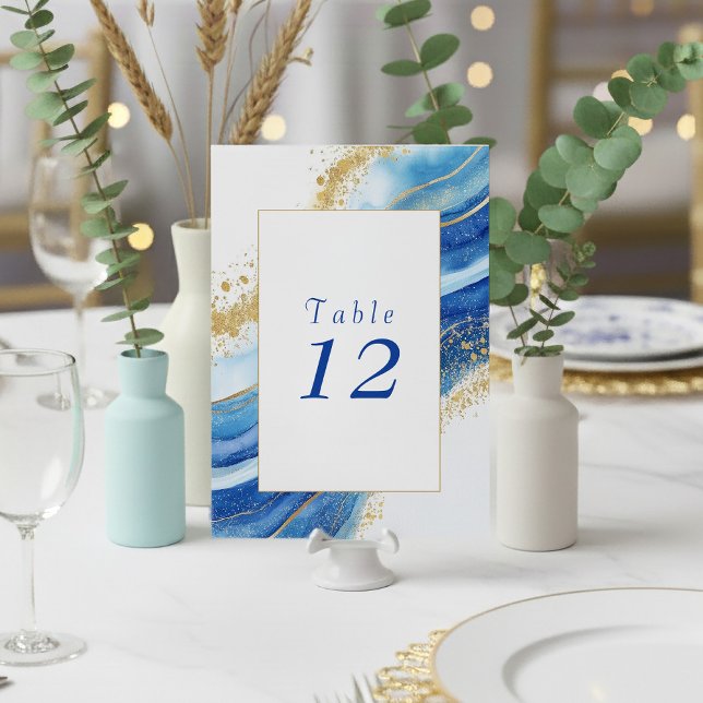 Carte Elegant Blue and Gold bold Table Number (Gold and blue agate effect wedding table number card.)