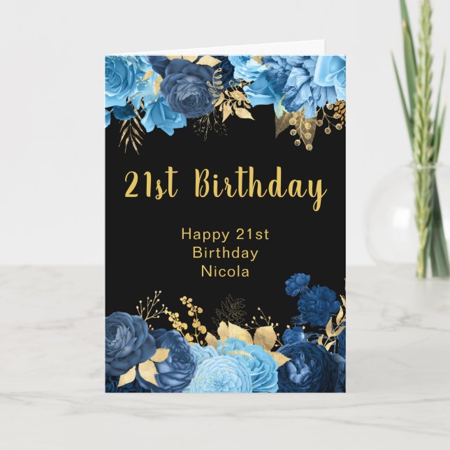 Carte Elegant Blue and Gold Flowers Birthday Party (Devant)