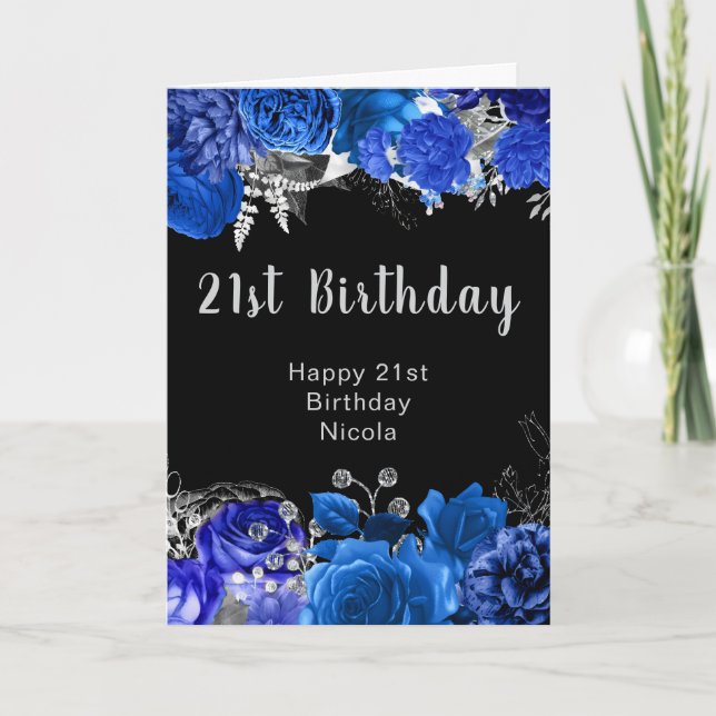 Carte Elegant Blue and Silver Flowers Birthday Party (Devant)