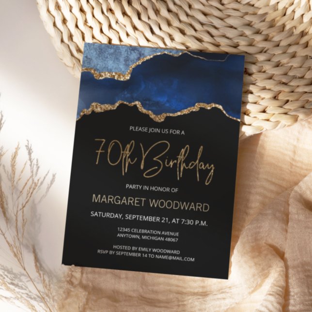 Carte Elegant Blue Gold Agate 70th Birthday Invite (Créateur téléchargé)