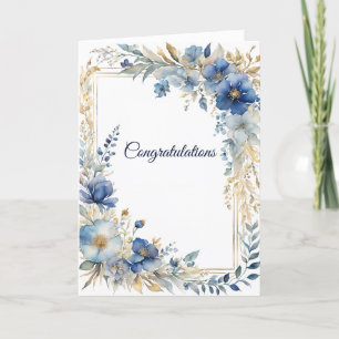 Carte Elégant Blue Gold Floral Mariage Félicitations