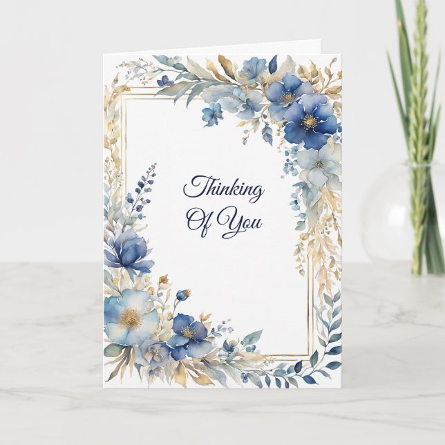 Carte Elégant Blue Gold Floral Pensée de vous (Devant)