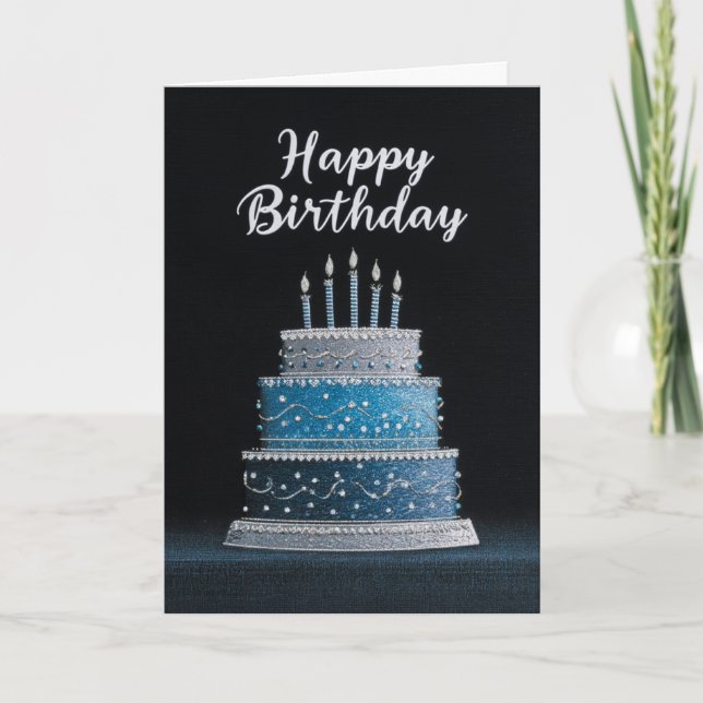 Carte Elegant Blue Silver Birthday Cake (Devant)