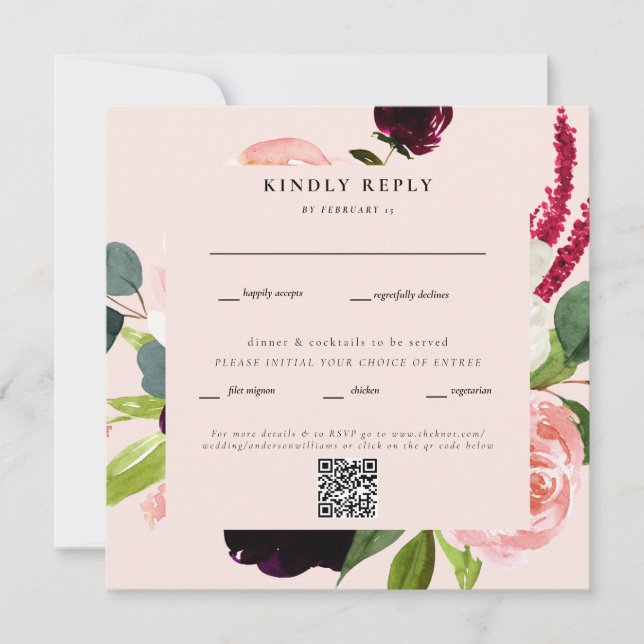 Carte Elégant Blush Floral Carré Mariage QR Code RSVP (Devant)