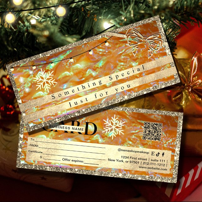 Carte Élégant bon cadeau Gold | Parties scintillant et P (Elegant Gold Gift Voucher | Glitter and Pearl Design#holographicorangegiftcard #giftvoucher #holiday)