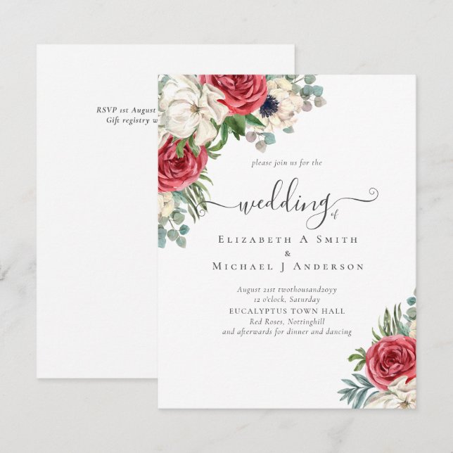 Carte Élégant budget Mariage rouge blanc bleu floral (Devant / Derrière)