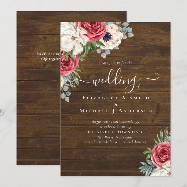 Carte Élégant budget Mariage rouge blanc bleu floral (Devant / Derrière)