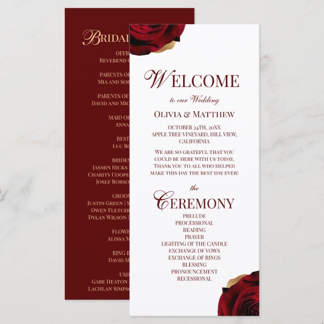 Carte Elegant Burgundy Wedding Program (Devant / Derrière)