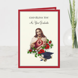 Carte Élégant Catholique Graduation Sacred Heart Roses