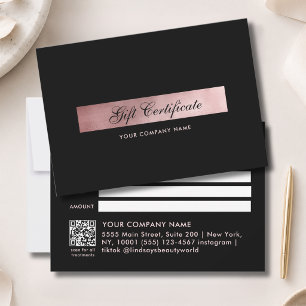 Carte Élégant Certificat Cadeau Code QR Rosé Or Noir