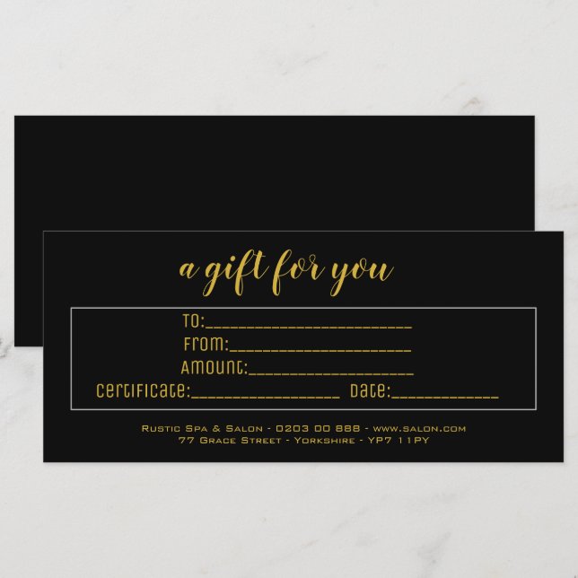 Carte Élégant certificat cadeau d'affaires Black & Gold (Devant / Derrière)